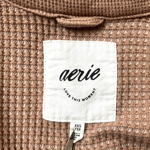 Aerie Women’s Textured Waffle Shirt Long Sleeve Brown & Cream Size Oversized XXS - Picture 13 of 16